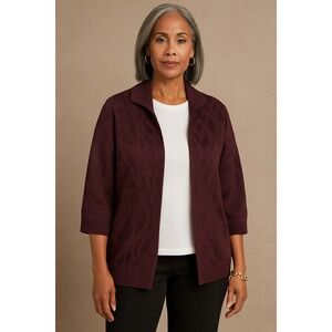 St. John Purple Plum Knit Cardigan Sweater Open Front‎ Floral Pattern Medium